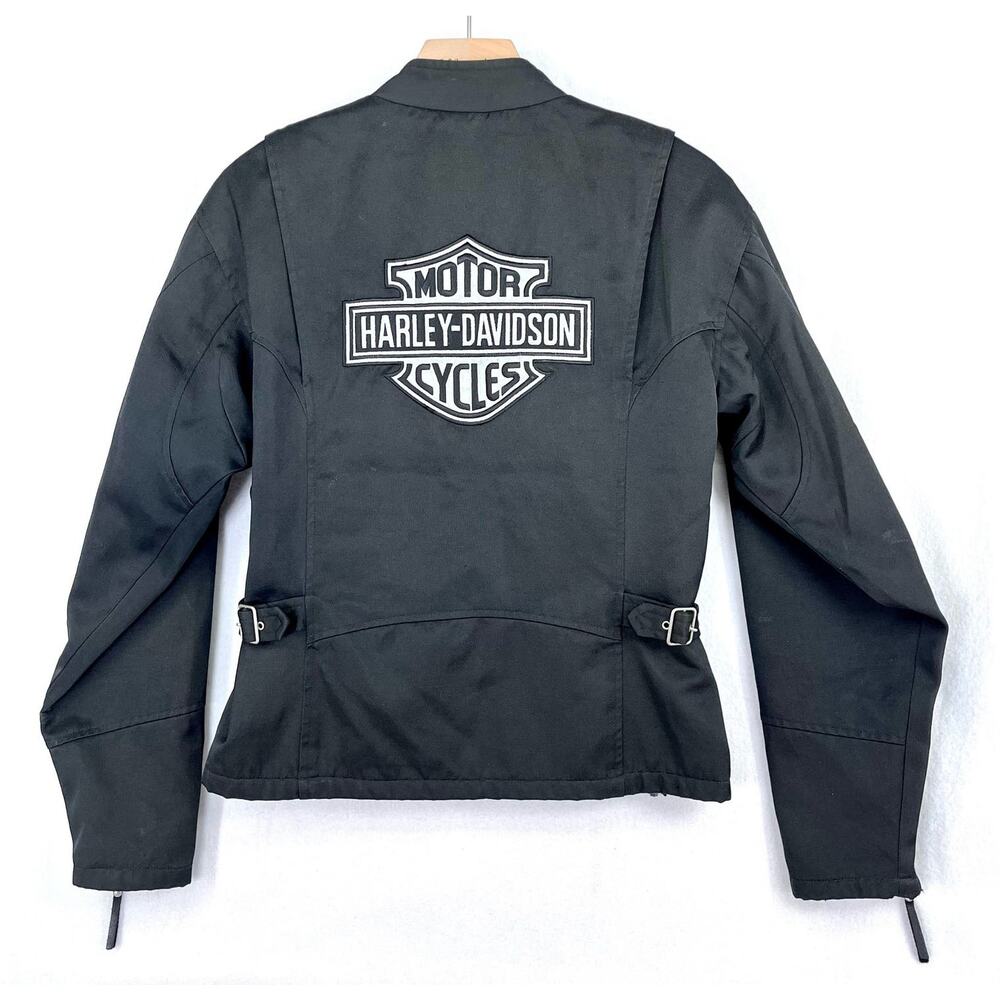 HARLEY DAVIDSON Y2K Embroidered Biker Jacket Sz S Logo Patch Bomber Buckles Zip